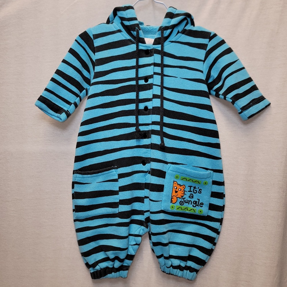 Vtg Wolly Pogs 80s 90s Its A Jungle Tiger Stripe Blu Slouchy Romper Sz 9 Months